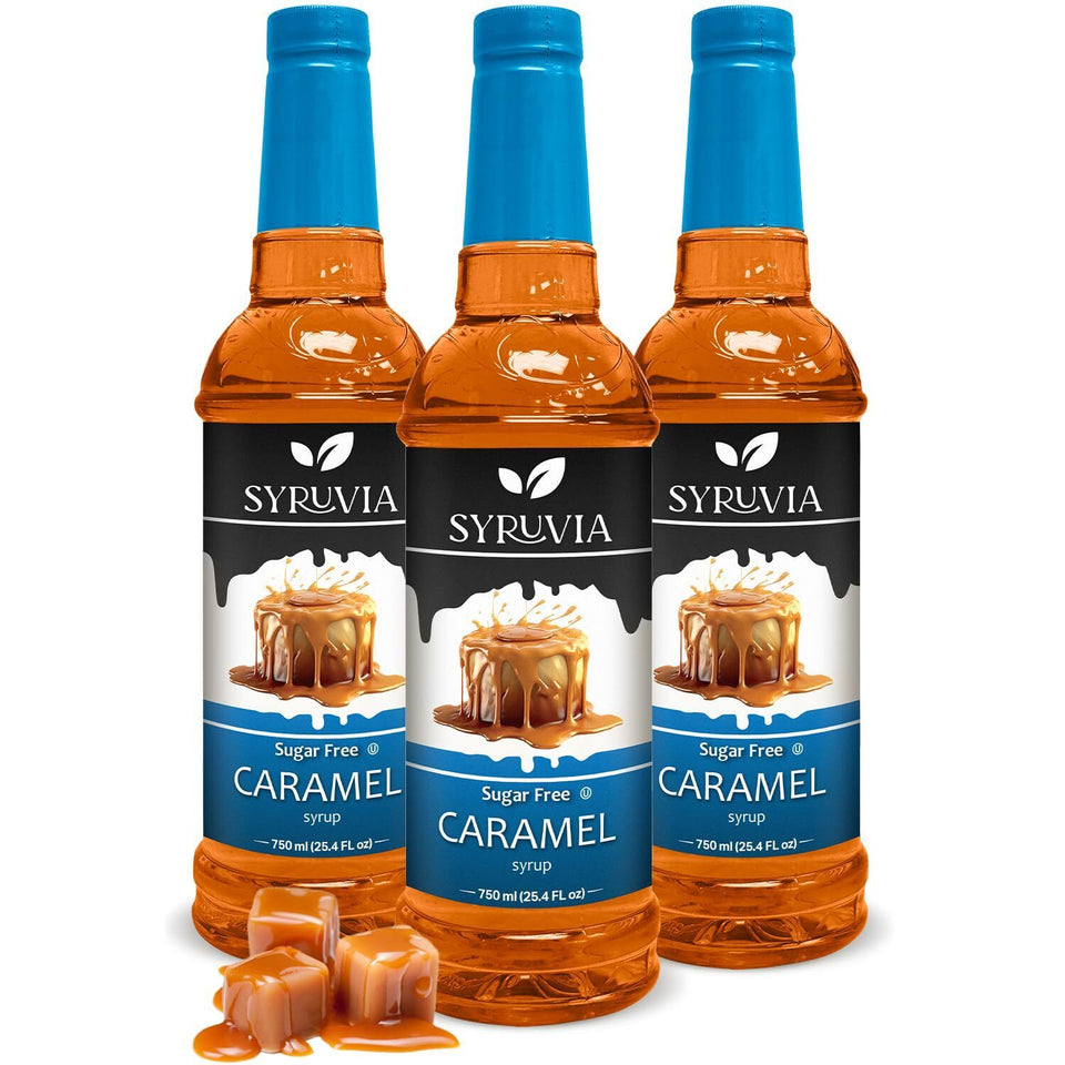 Syruvia Sugar Free Caramel Syrup 25.4 Fl Oz Pack of 3 Zero Calorie Delight