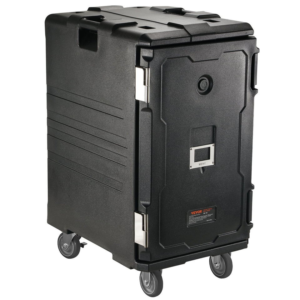 Insulated Food Pan Carrier, 109 Qt Hot Box For Catering, LLDPE Food Box Carrier W Double Buckles, Front Loading Food Warmer W Handles, End Loader W Wheels For Restaurant, Canteen, Etc. Black