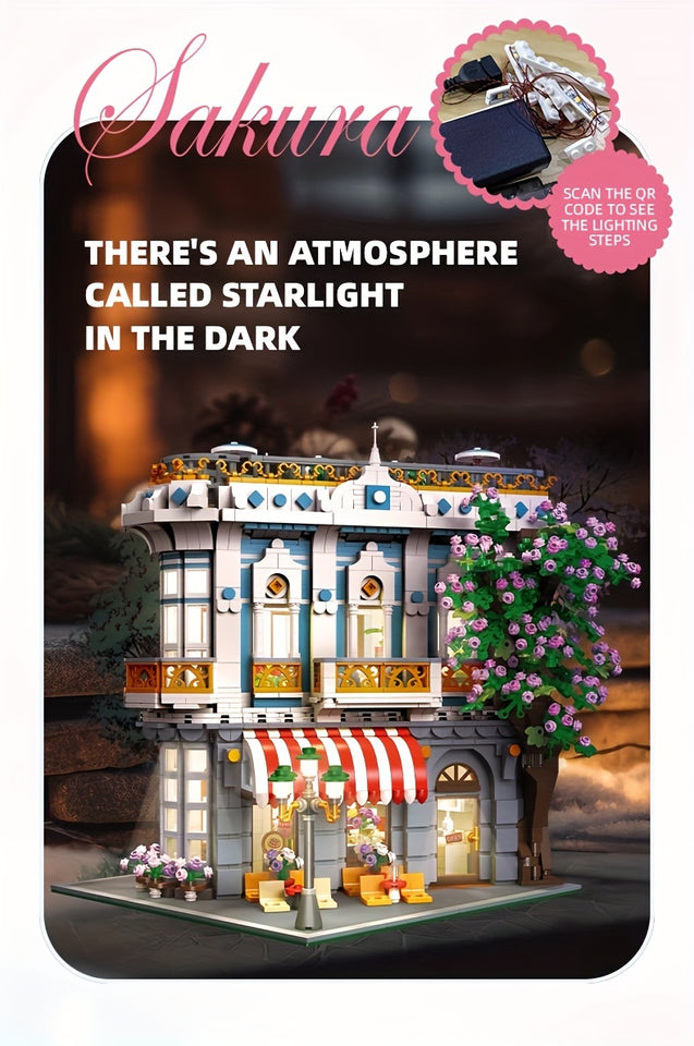JIE-STAR 3725pcs Sakura Restaurant Street Scene Building Blocks Set - Creative Home Decor, Romantic Architectural Model Kit for Display