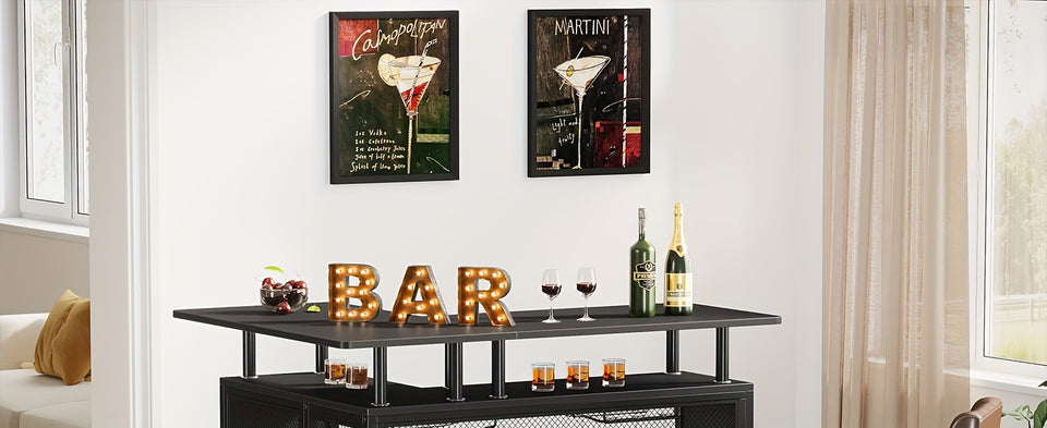 2-Tier L-Shaped Home Bar Unit with Stemware Racks & Footrest - Compact Coffee & Liquor Cabinet for Stylish Kitchen, Living Room or Pub Corner