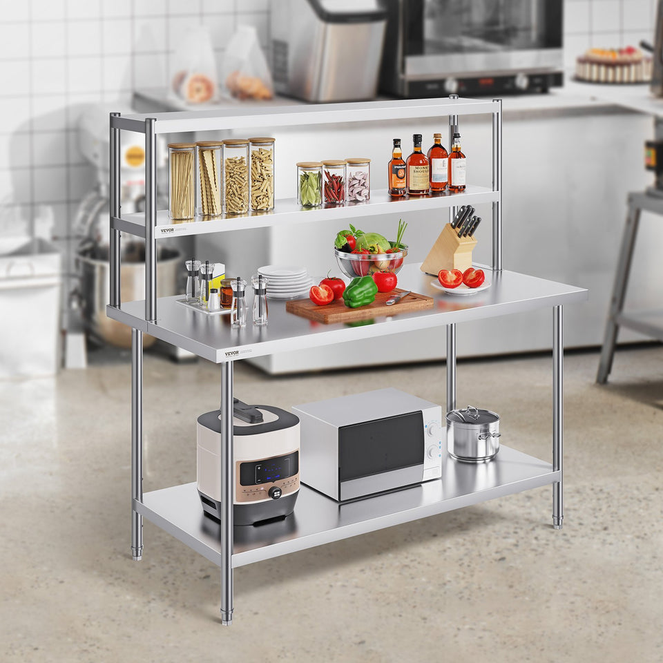 VEVOR Double Overshelf, Double Tier Stainless Steel Overshelf, 12 X 60 Inch Double Deck Overshelf, Height Adjustable Overshelf Prep Work Table For Kitchen, Restaurant And Workshop