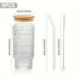 8PCS, Hobnail Drinking Glasses, Glass Cups with Bamboo Lids and Glass Straws Set-16oz Vintage Drinking Glasses Set, Beer Glasses, Iced Coffee Glasses, Cute Tumbler Cup, Ideal for Whiskey, Cocktail, Wine, Gift