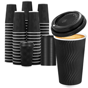 16 Oz Paper Cups with Lids,Disposable Insulated to Go Cup,Ripple Double Wall,Black 100 Count