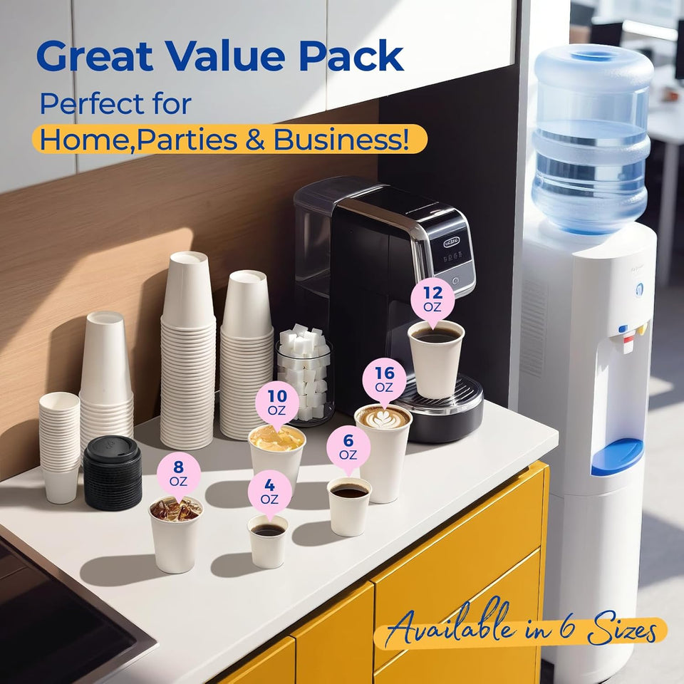 100 Pack 10 Oz Disposable Coffee Cups with Lids, Premium Paper to Go Cups for Hot/Cold Beverages, Leak Proof Travel Cups for Cold/Hot Beverage, Office (Black Lids)