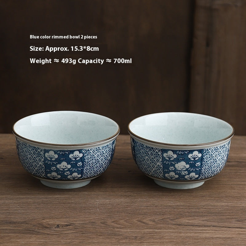 Large Capacity Restaurant Blue Edge Protection High Temperature Porcelain Underglaze Color Rice Bowl