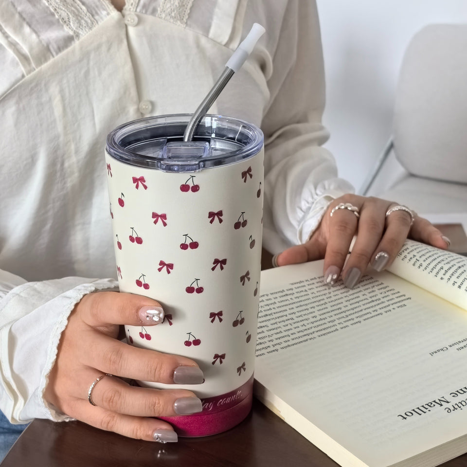 Charming Cherry Bowls Travel Mug: 600ml/20.29OZ, Double-Walled Stainless Steel, Hand Wash Only, Perfect for Coffee, Tea, or Cold Drinks - Great for Travel, Gym, or Outdoor Activities