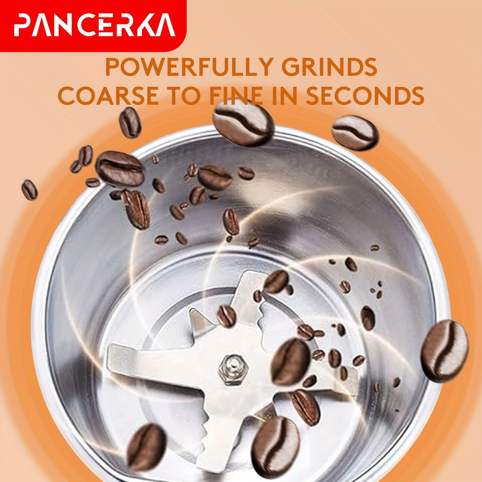 PANCERKA Semi-Automatic Electric Coffee Grinder, Stainless Steel Spice & Nut Mill with One-Touch Push-Button Operation, Reusable Filter, 110-130V US Plug, Includes Integrated Cleaning Brush