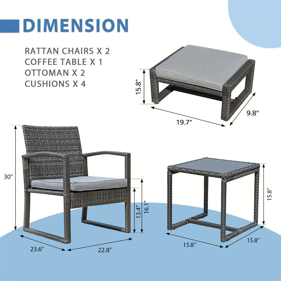Outdoor 5-Piece Furniture Set, All-weather Rattan Wicker Conversation Set, Grey PE Woven Chairs With Ottoman And Coffee Table, For Patios, Balconies, And Gardens