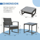 Outdoor 5-Piece Furniture Set, All-weather Rattan Wicker Conversation Set, Grey PE Woven Chairs With Ottoman And Coffee Table, For Patios, Balconies, And Gardens