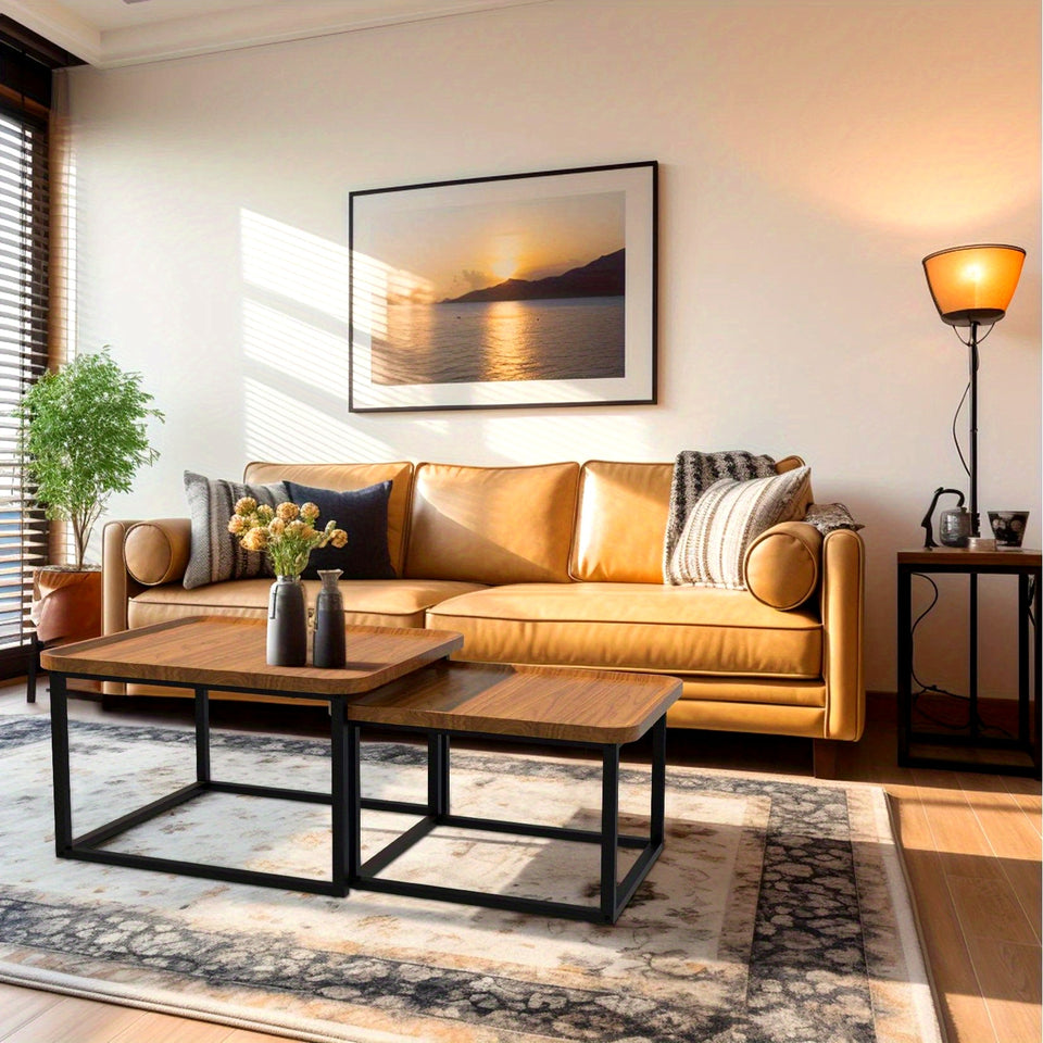 Set of 2 Modern Square Coffee Table Set for Living Room, Easy Assembly Nesting Coffee Tables, Walnut Color Circle End Side Table