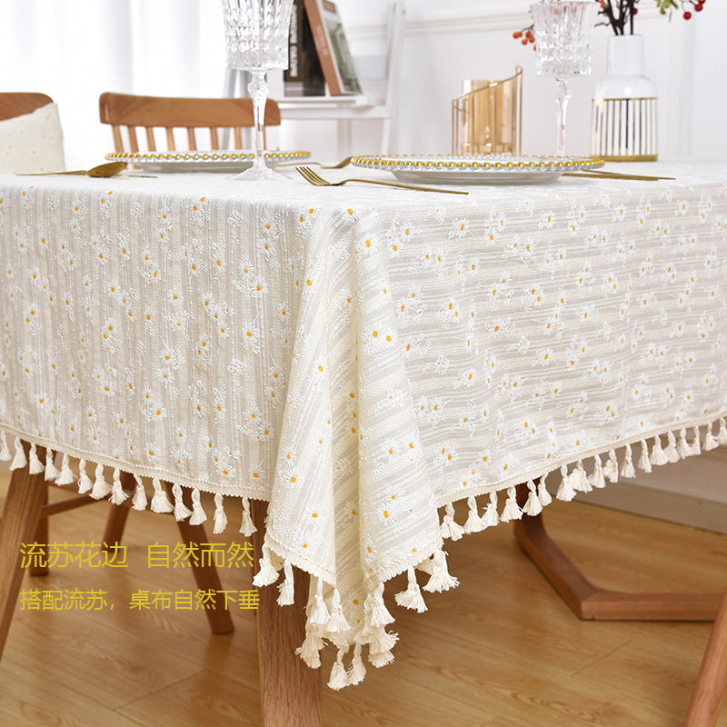 Pastoral Tassel Cotton Floral Tablecloth Desk Kitchen Wedding Restaurant Decoration Background Fabric