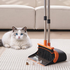 Broom And Dustpan Set, Heavy Duty Dustpan And Broom Combo With Self-Cleaning Teeth, Metal Upright Standing Dust Pan With Long Handle, Ideal For Home, Restaurant, Office, Dorm, Black Orange