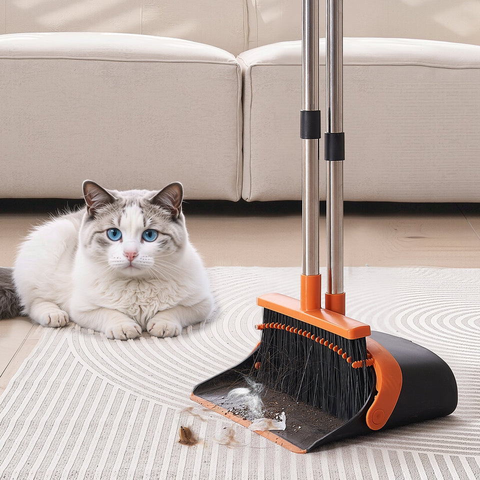 Broom And Dustpan Set, Heavy Duty Dustpan And Broom Combo With Self-Cleaning Teeth, Metal Upright Standing Dust Pan With Long Handle, Ideal For Home, Restaurant, Office, Dorm, Black Orange