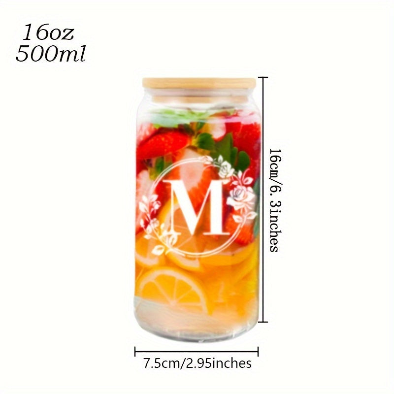 1pc Alphabet Letter A-Z Glass Coffee Mug - 16oz Large Capacity, Bamboo Lid, Straw, and Handle - Perfect for Office, Home, Birthday, Bridesmaid, Thanksgiving, Christmas, Eid Al-Adha Mubarak, and Party Use