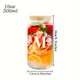 1pc Alphabet Letter A-Z Glass Coffee Mug - 16oz Large Capacity, Bamboo Lid, Straw, and Handle - Perfect for Office, Home, Birthday, Bridesmaid, Thanksgiving, Christmas, Eid Al-Adha Mubarak, and Party Use