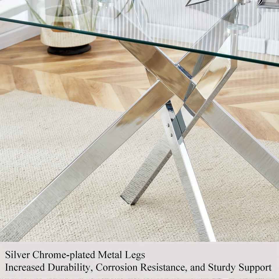 GSSDEE Rectangular Clear Tempered Glass Coffee Table, Stylish Design with Silver Chrome Plated Metal Legs, Coffee Table for Living Room