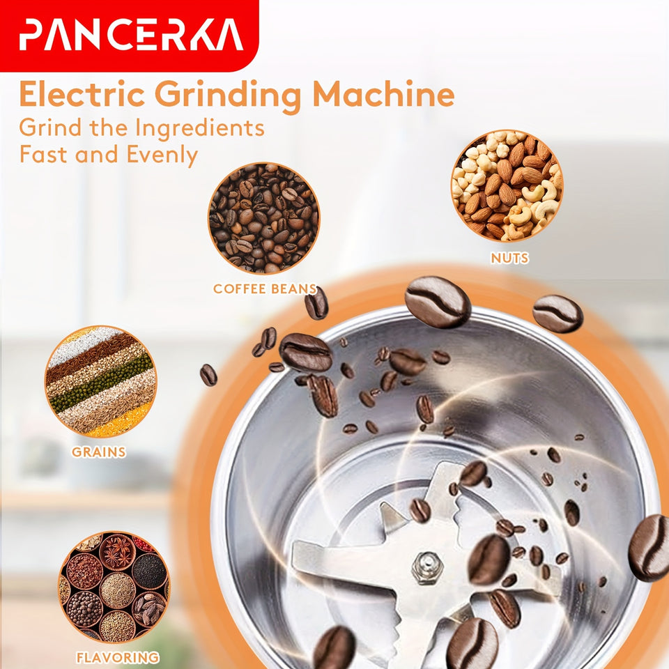PANCERKA Semi-Automatic Electric Coffee Grinder, Stainless Steel Spice & Nut Mill with One-Touch Push-Button Operation, Reusable Filter, 110-130V US Plug, Includes Integrated Cleaning Brush