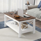 2-Tier Thicken Wood Accent Xelsyo Farmhouse Coffee Table with Open Storage Shelf, Brown and White for Living Room Home Office