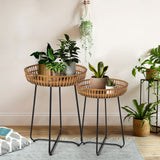 Oakrian Rattan Side Table Nesting Tables Set Of 2, Bamboo Round Table Coffee Table Metal Base End Table for Boho Living Room, Sofa, Bedroom, Terrace, Accent Table(20.47inch)