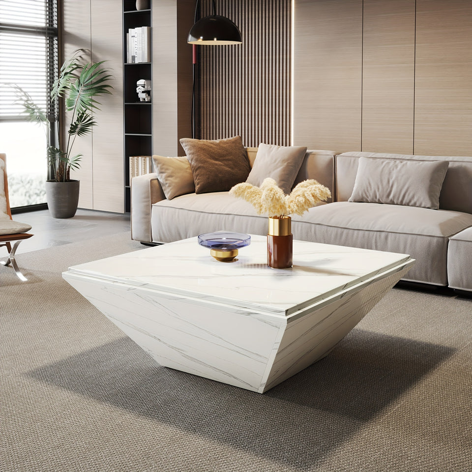 LITTLE TREE coffee table, 35.43 inch square coffee table with artificial marble tabletop, modern central table in living room, large engineered wood cocktail table, white