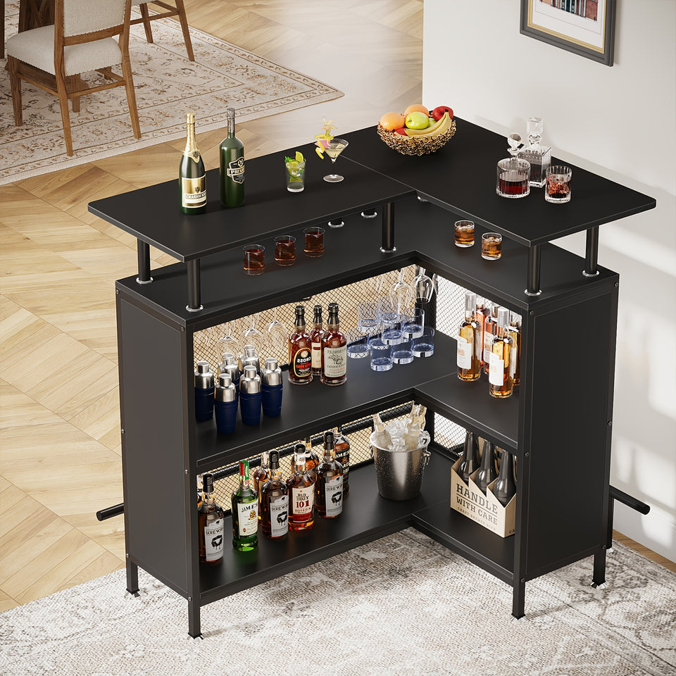 2-Tier L-Shaped Home Bar Unit with Stemware Racks & Footrest - Compact Coffee & Liquor Cabinet for Stylish Kitchen, Living Room or Pub Corner