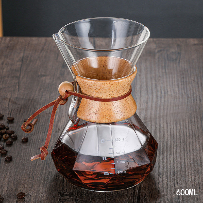 Hand-made Coffee Pot Diamond-shaped Glass Drip Pot Filter Cup With Wood Chip Scale