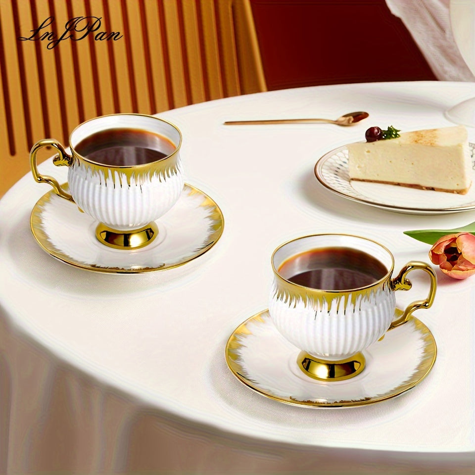 Middle East Style Ceramic Coffee Mug and Saucer Sets for Afternoon Coffee Time in Golden Design Set of 6, 3.38oz