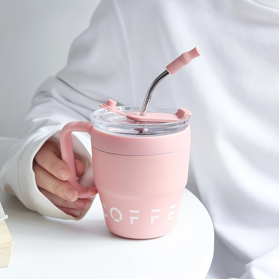 480ml/16 Oz Double-Layer Vacuum Insulated Stainless Steel Coffee Cup With Handle And Straw, Black, White, Light Blue, Pink, Brown, Green