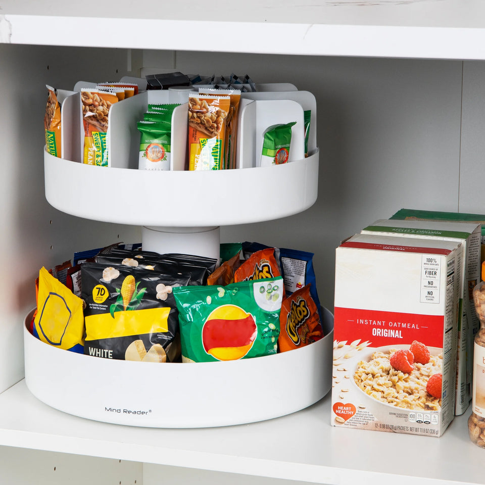2 Tier Lazy Susan Granola Bar and Snack Organizer, Home, Office, Plastic, White