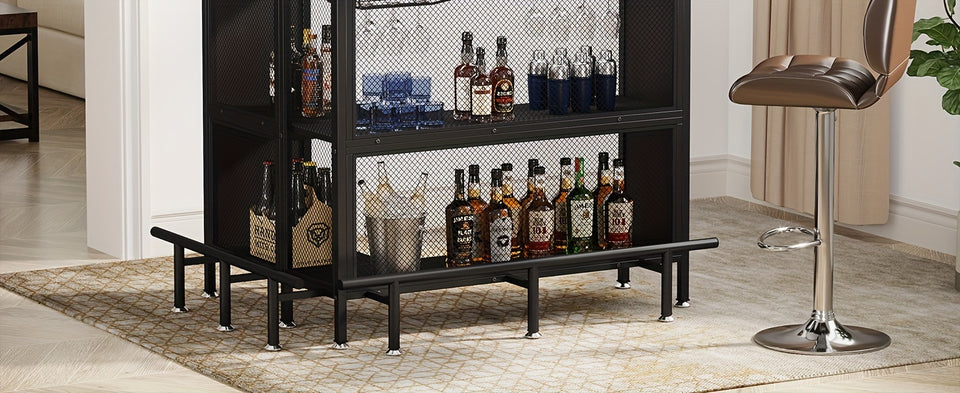 2-Tier L-Shaped Home Bar Unit with Stemware Racks & Footrest - Compact Coffee & Liquor Cabinet for Stylish Kitchen, Living Room or Pub Corner