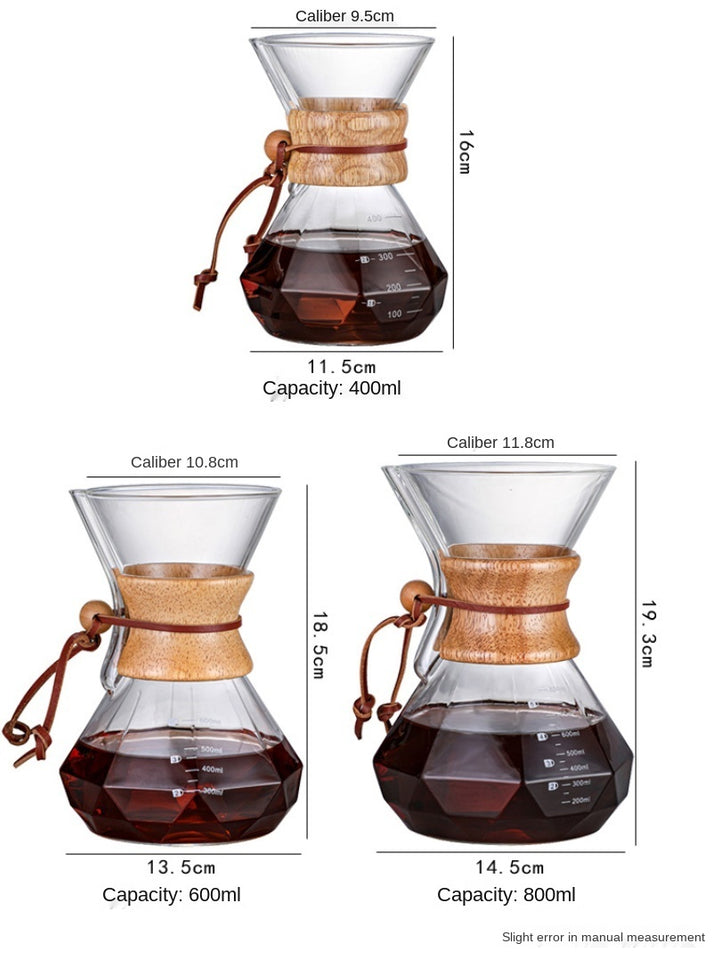 Hand-made Coffee Pot Diamond-shaped Glass Drip Pot Filter Cup With Wood Chip Scale