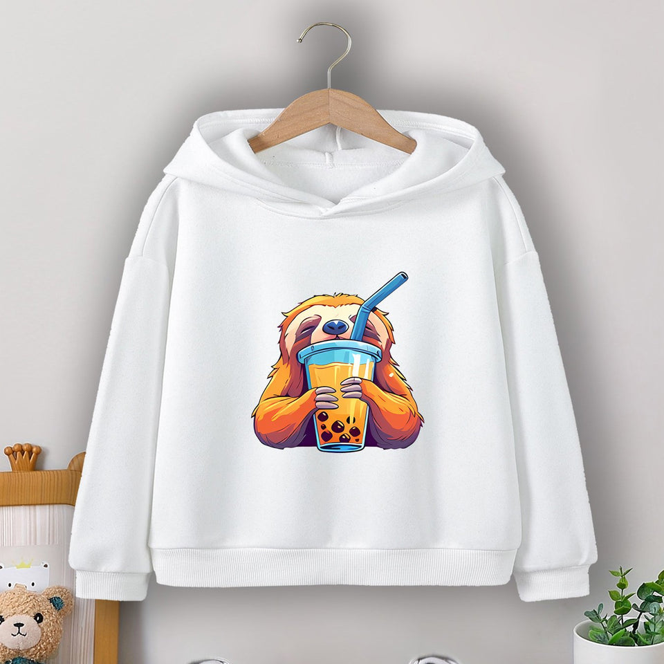 Boys' Cozy Sloth Milk Tea Print Hoodie - Casual Pullover Sweatshirt for Fall/Winter, Machine Washable