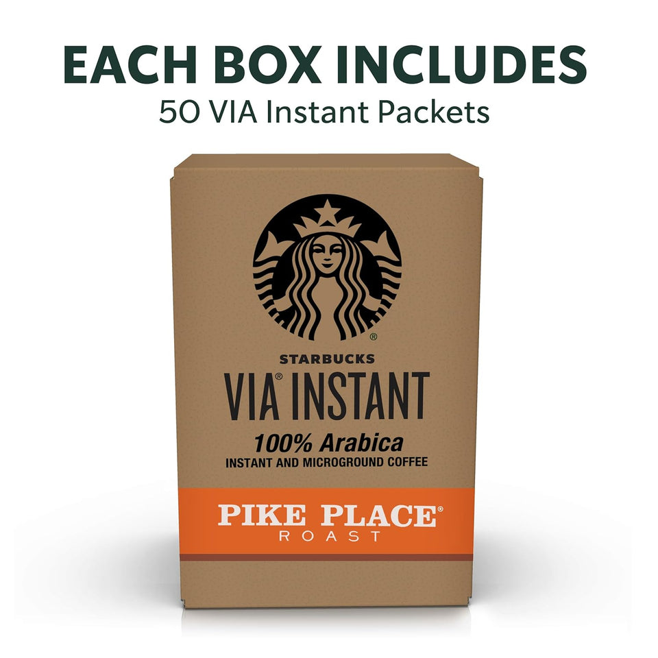 via Instant Coffee, Medium Roast Coffee, Pike Place Roast, 100% Arabica, Single-Serve, 1 Box (50 Packets)