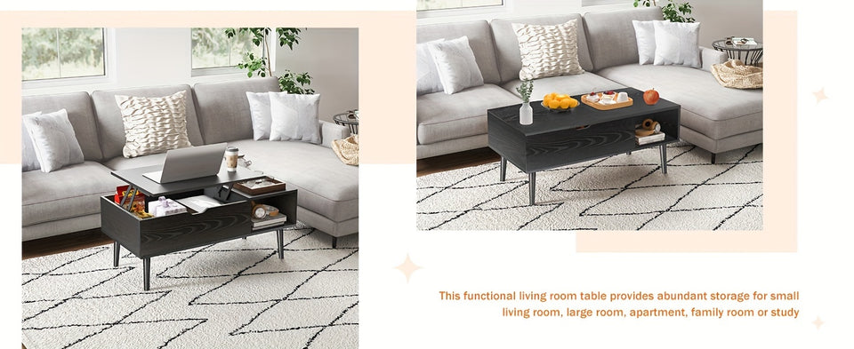 Elegant Black Coffee Table For Living Room - Lift Top Design Offering Versatility. Small Rising Wooden Dining Center Table With Storage Shelf And Hidden Compartment, Ideal For Organizing And Enhancing Your Living Space.