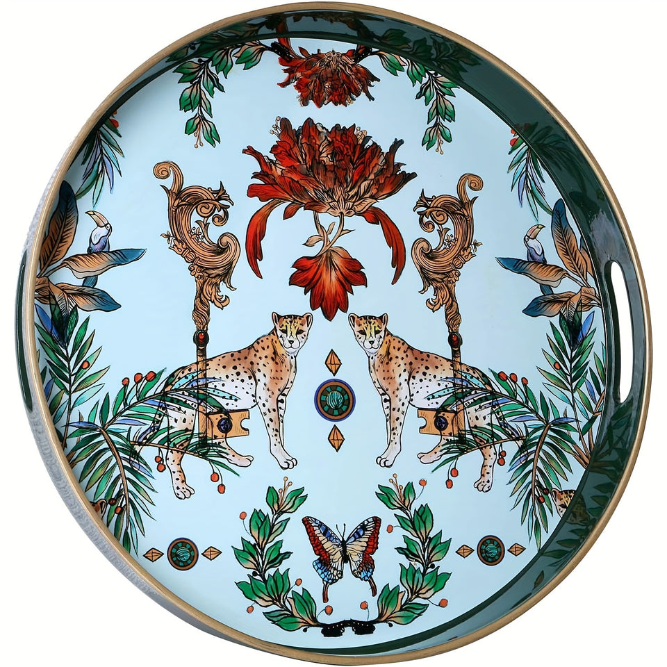 1pc Small Sculpture Decoration, Jungle Leopard Round Decorative Tray, Marbling Plastic Tray With Handles, Modern Vanity Tray And Serving Tray For Ottoman, Coffee Table, Kitchen And Bathroom, 13", Home Decor