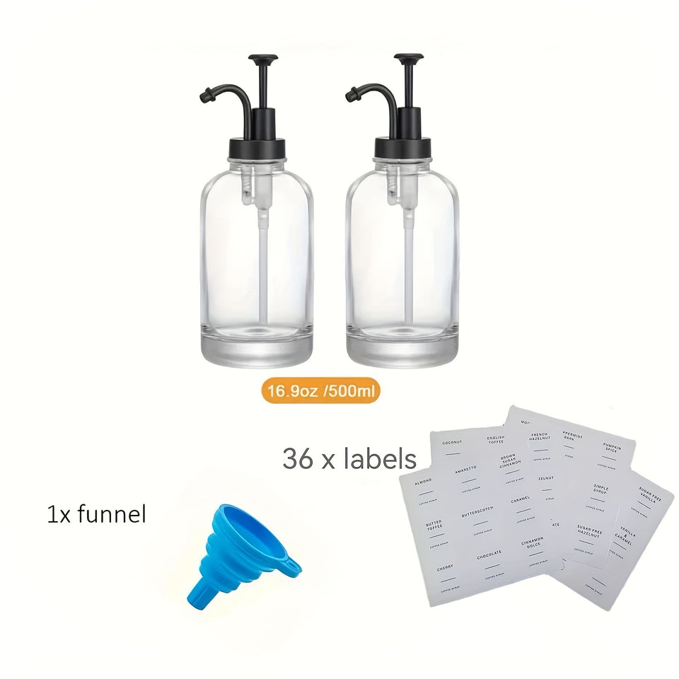 2pcs, Syrup Dispenser Bottle, Coffee Syrup Bottle, Bar Syrup Dispenser Jar, Coffee Pump Dispenser, Oil Dispenser, Glass Syrup Bottle With Pump, Dispenser For Coffee Bar, Glass Syrup Bottle 16.9oz/500ml. Gift For Friends Kitch