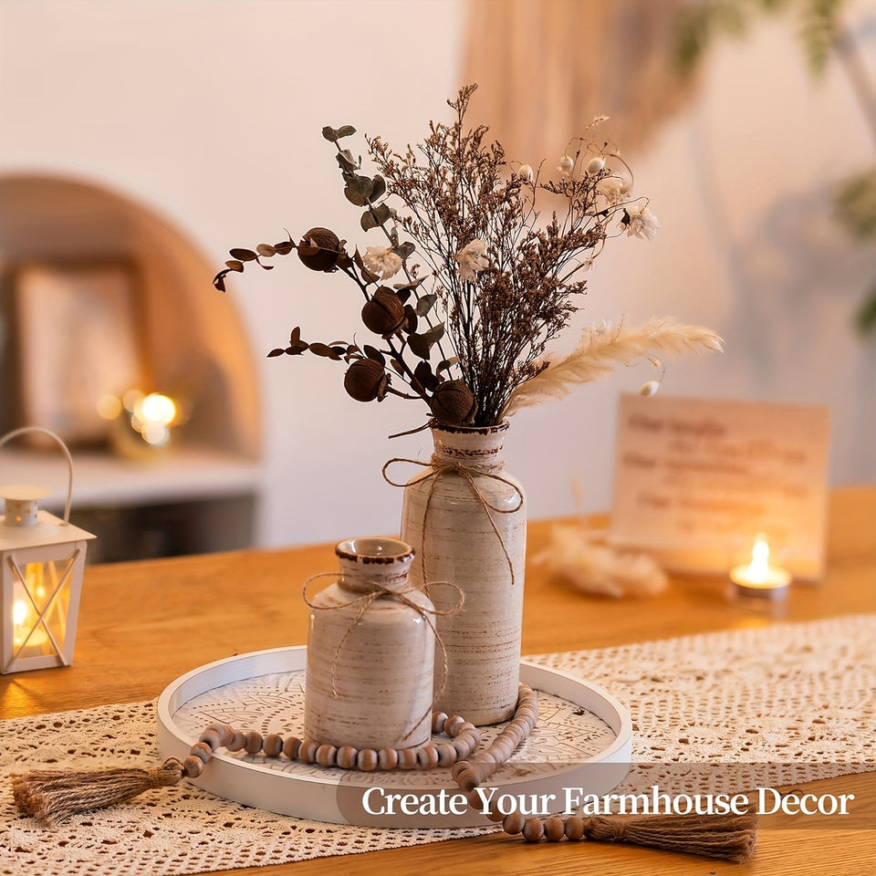 Rustic Farmhouse White Wooden Tray with Unique House Pattern - 12" Round Decorative Serving Tray for Coffee Table, Perfect for Home Decor, Parties & Gifts