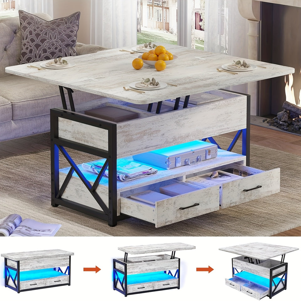 Lift Top Coffee Table with Storage, Small Farmhouse Coffee Table, 4-in-1 with 2 Drawers & LED Light, for Living Room Dining Reception Room, 40", White Brown Black