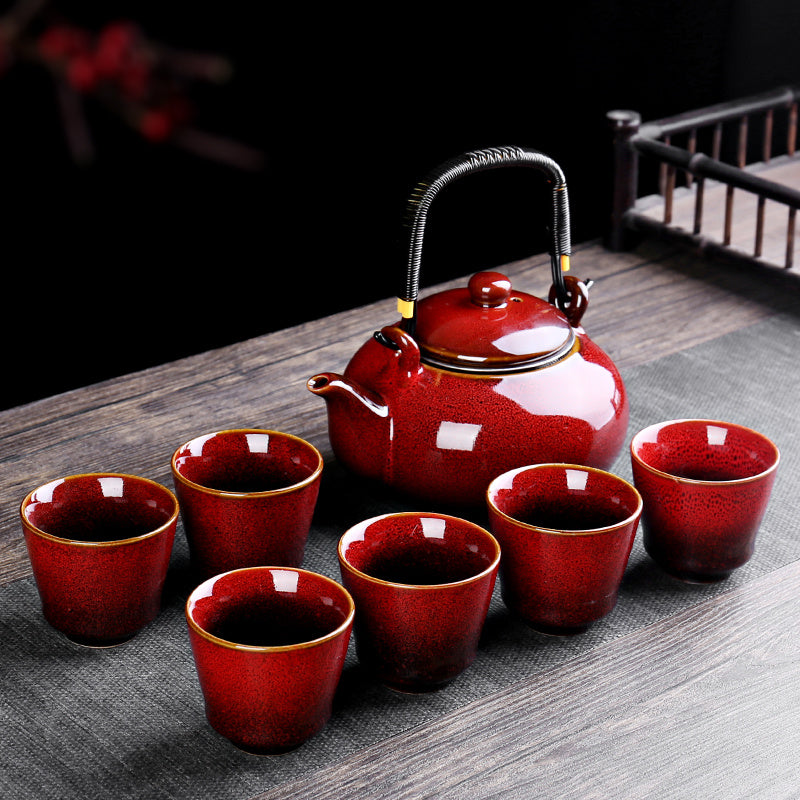 Retro Ceramic Large-Capacity Lifting Beam Teapot Kung Fu Tea Cup Set Household Restaurant High Temperature Water Ware Tray