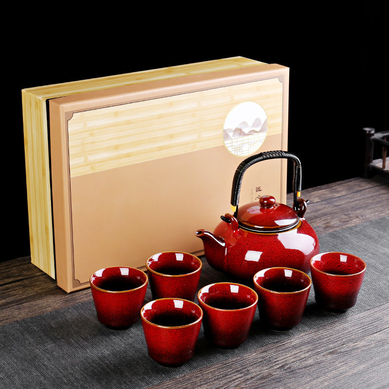 Retro Ceramic Large-Capacity Lifting Beam Teapot Kung Fu Tea Cup Set Household Restaurant High Temperature Water Ware Tray