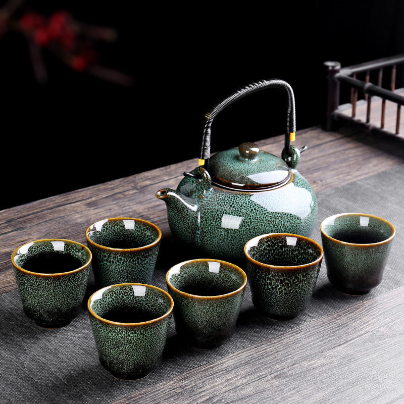 Retro Ceramic Large-Capacity Lifting Beam Teapot Kung Fu Tea Cup Set Household Restaurant High Temperature Water Ware Tray
