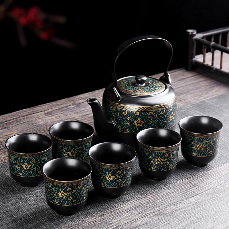 Retro Ceramic Large-Capacity Lifting Beam Teapot Kung Fu Tea Cup Set Household Restaurant High Temperature Water Ware Tray