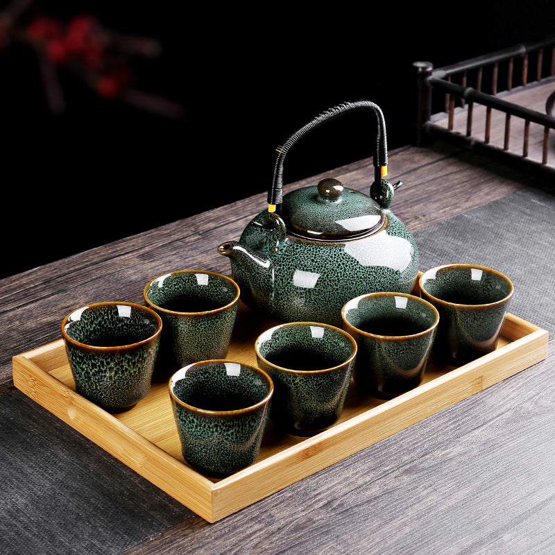 Retro Ceramic Large-Capacity Lifting Beam Teapot Kung Fu Tea Cup Set Household Restaurant High Temperature Water Ware Tray