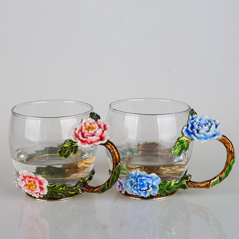 Peony Flower Enamel Water Cup Female Heat-Resistant Glass Juice Coffee Cup Home With Handle