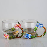 Peony Flower Enamel Water Cup Female Heat-Resistant Glass Juice Coffee Cup Home With Handle
