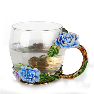 Peony Flower Enamel Water Cup Female Heat-Resistant Glass Juice Coffee Cup Home With Handle