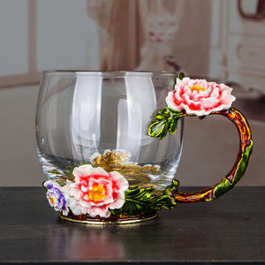 Peony Flower Enamel Water Cup Female Heat-Resistant Glass Juice Coffee Cup Home With Handle