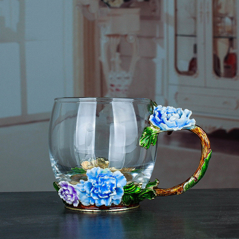 Peony Flower Enamel Water Cup Female Heat-Resistant Glass Juice Coffee Cup Home With Handle