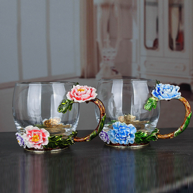 Peony Flower Enamel Water Cup Female Heat-Resistant Glass Juice Coffee Cup Home With Handle