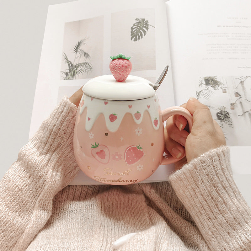 Ceramic Cup Female With Lid Spoon Mug Creative Personality Trend Water Cup Home Milk Breakfast Coffee Cup